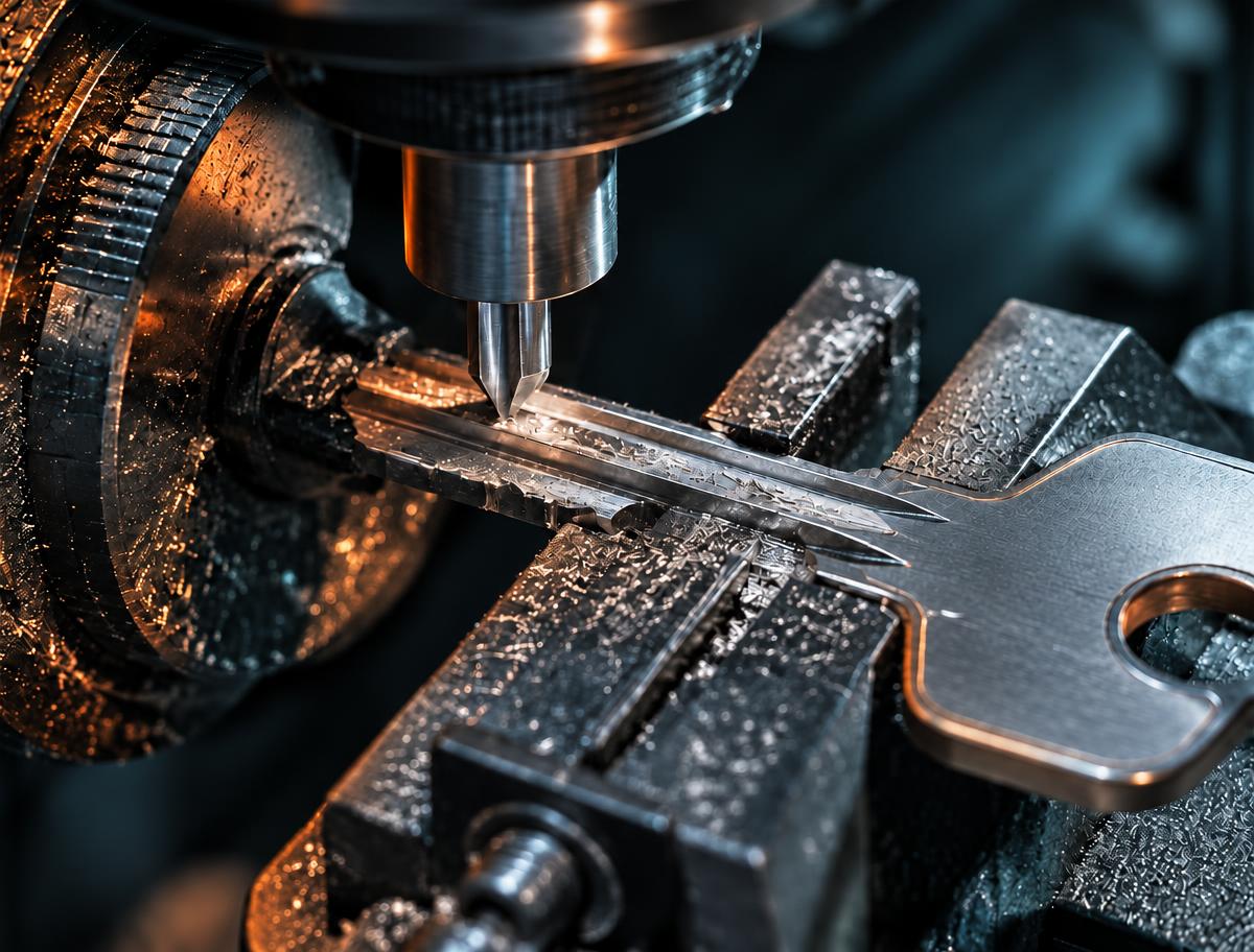 Car key blade being precision cut on a key cutting machine